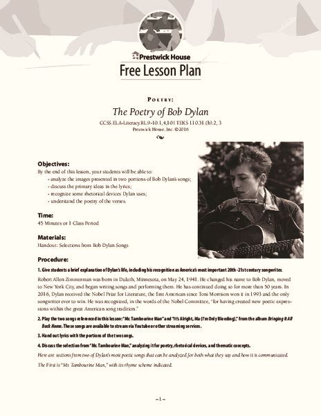 The Poetry of Bob Dylan Lesson Plan for 9th - 10th Grade | Lesson Planet