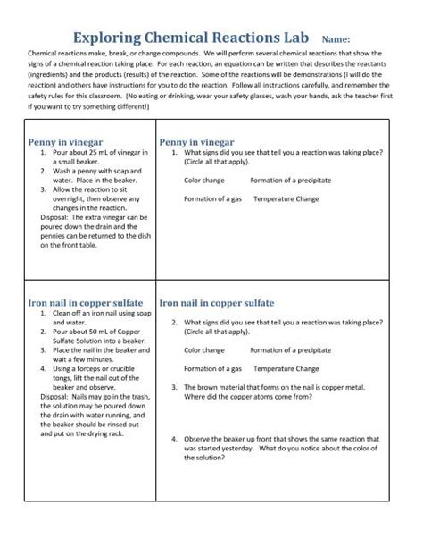 Exploring Chemical Reactions Lab Sheet