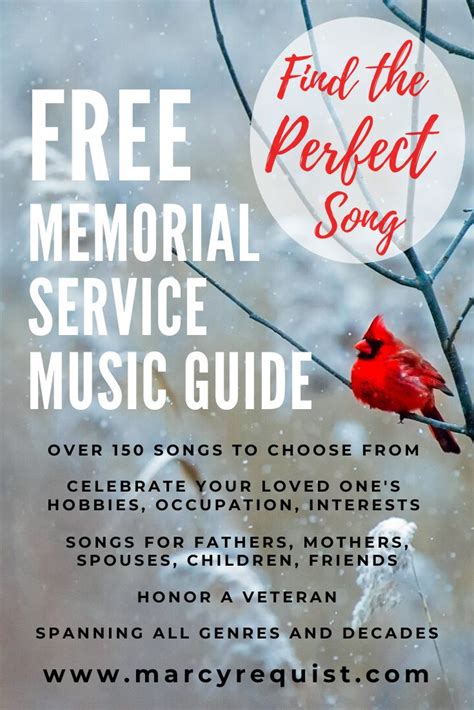 a red bird sitting on top of a tree branch with the words free memorial service music guide