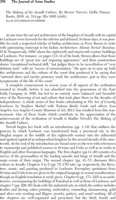 The Making of the Awadh Culture. By Madhu Trivedi. Delhi: Primus Books, 2010. xii, 314 pp. IRs ...