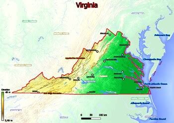 Physical map of Virginia with mountains, plains, bridges, rivers, lakes, mountai