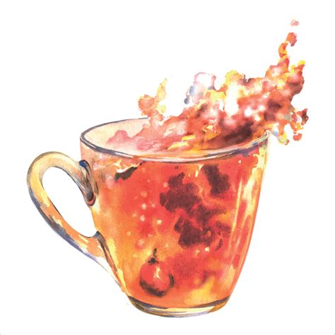 Watercolor illustration of black tea cup with tea splashes and drops ...