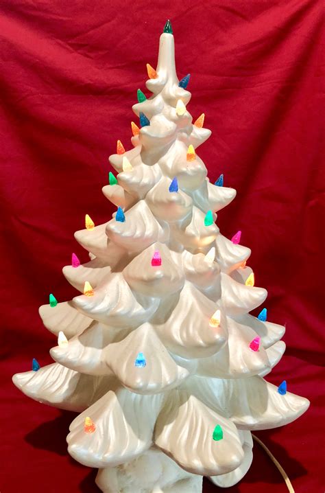 Large Vintage Lighted White Ceramic Christmas Tree with Music Box