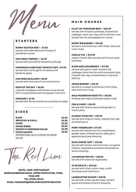 Carte et Menus 2023 - The Red Lion Inn, Upper Poppleton, York à York | TheFork