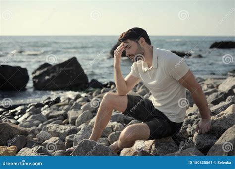 Alone Sad Man Sitting on a Sea Beach Stock Image - Image of caucasian ...