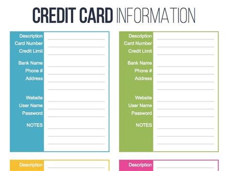 Credit Card Information Printable Fillable Personal - Etsy