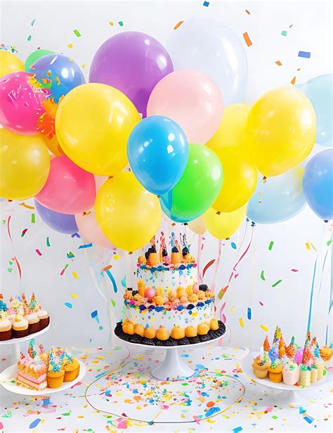 Premium AI Image | Birthday Party Balloons and Cake with Confetti