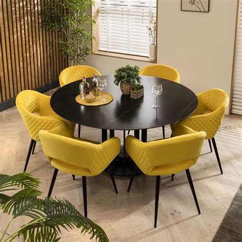 6 Seat Ceramic Marble Round Dining Table Chairs Set Black Yellow 150cm – Quatropi