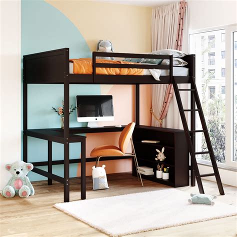 Buy Merax Full Size Wooden Loft Bed with 3 Storage Shelves and Built-in ...