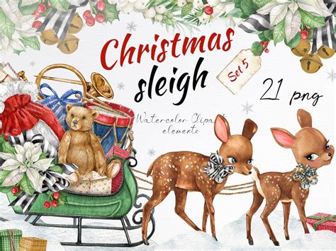 Christmas Sleigh Clipart.reindeer Clipartwatercolor Green - Etsy