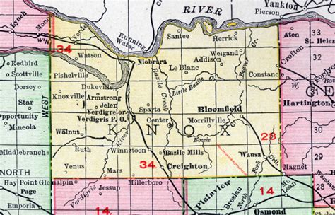 Knox County, Nebraska, map, 1912, Creighton, Center, Bloomfield, Wausa, Niobrara, Verdigre ...