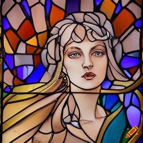 Art nouveau stained glass window featuring a woman on Craiyon