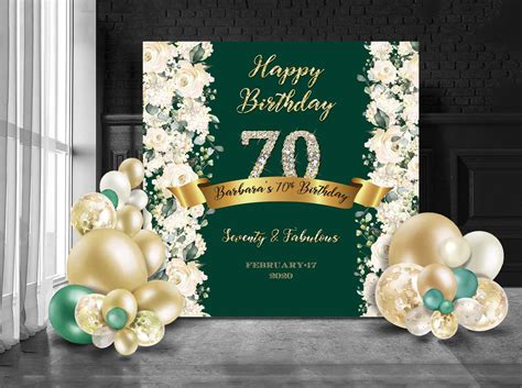 70th Birthday Backdrop Dark Green and Gold Party Banner, Green Gold and ...