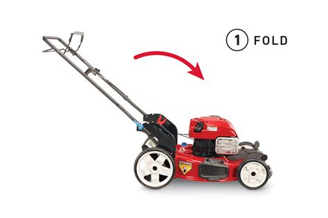 a red lawn mower is shown with an arrow pointing to the left