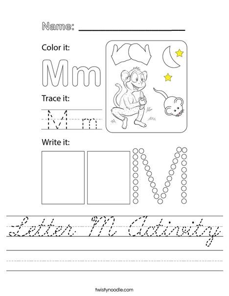 Letter M Activity Worksheet - Cursive - Twisty Noodle