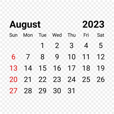 August Calendar Vector PNG Images, August 2023 Simple Calendar, August ...