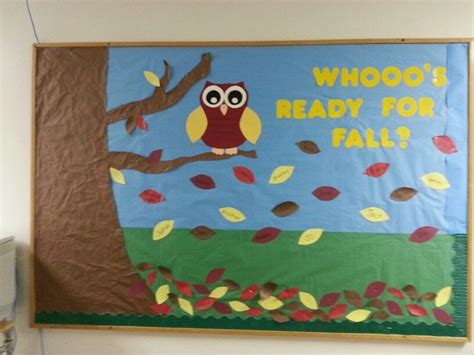 Fall bulletin board. Whooo's ready for fall? Owls and leaves September ...