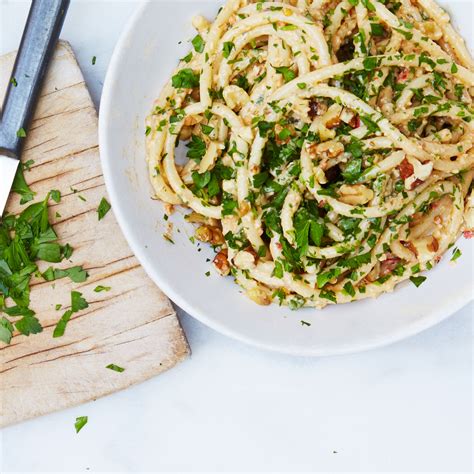 Bucatini with Walnut-Parsley Pesto Recipe | Bon Appétit