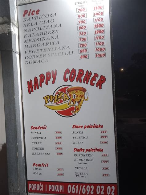 Menu at Happy corner pizza restaurant, Niš