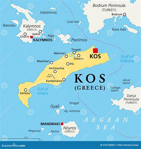 Kos, or Cos, Greek Island, Part of Dodecanese Islands, Political Map Stock Vector - Illustration ...