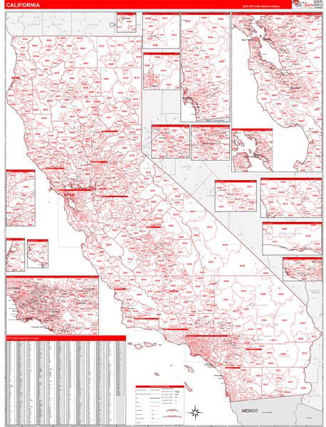 California Zip Code Wall Map Red Line Style by MarketMAPS - MapSales