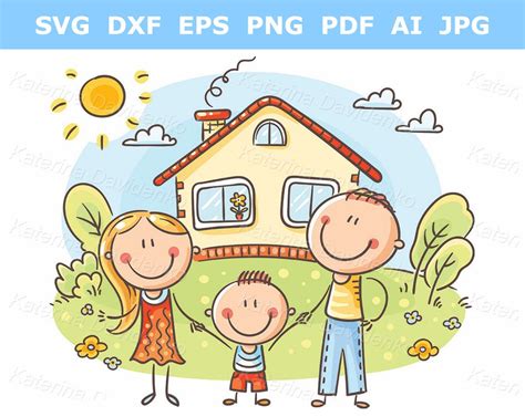 Family Clipart. Happy Cartoon Family With One Child Near Their House With a Garden. Parents With ...