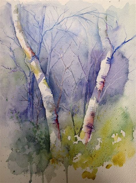 Love the soft colours and depth in this loose watercolour of birch trees by Judith Jerams ...