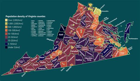 Population density of Virginia counties and towns (2018) | Virginia, County, Density