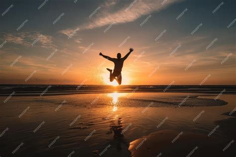 Premium AI Image | A man jumping on the beach at sunset filled with joy ...