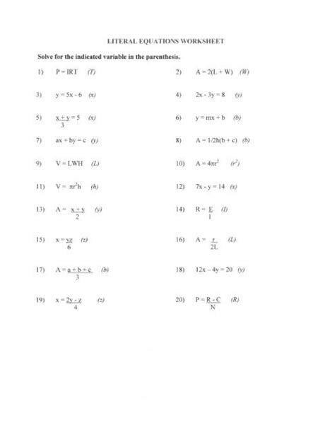 LITERAL EQUATIONS WORKSHEET Solve for the indicated ...