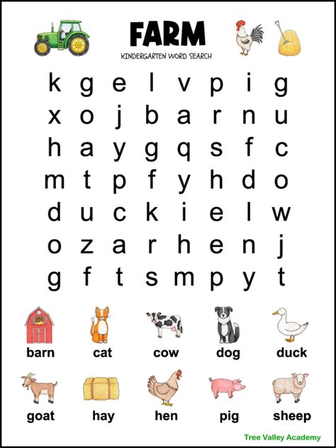 Kindergarten Farm Word Search - Tree Valley Academy