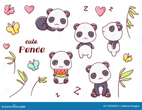 Set Cute Kawaii Hand Drawn Panda Doodles, Isolated on White Background, Clipart Stock Vector ...