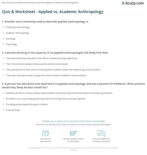 Quiz & Worksheet - Applied vs. Academic Anthropology | Study.com