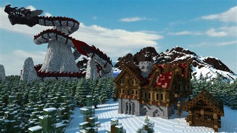 giant dragon and fantasy house in a snowy tundra Minecraft Map