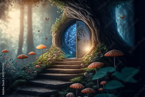 Fantasy enchanted fairy tale forest with magical opening secret door ...