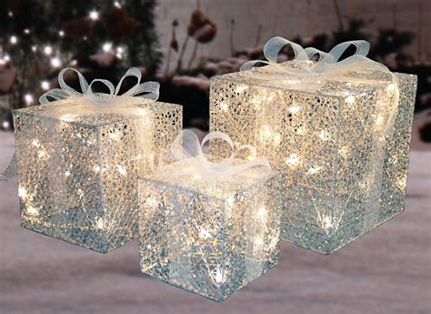 Set of 3 Lighted Silver Glitter Gift Box Christmas Outdoor Decorations ...