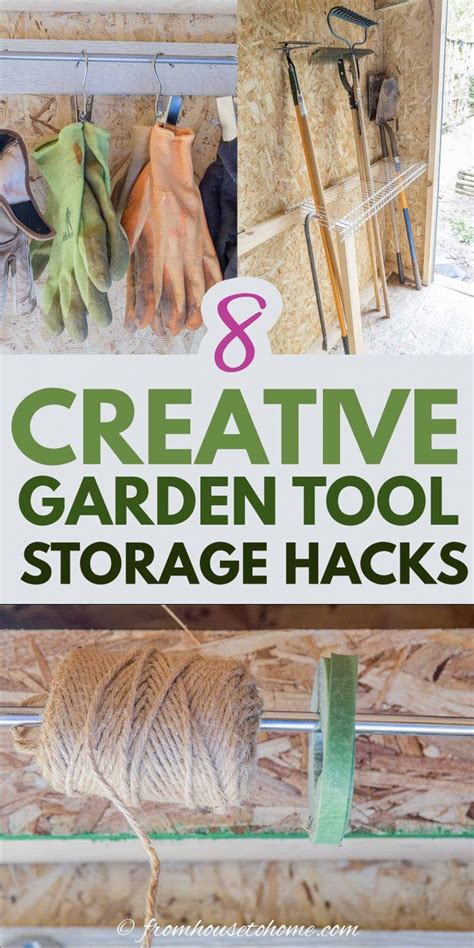 several different types of garden tools and storage racks with text ...