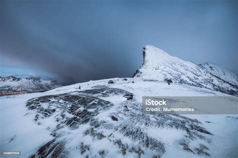 Snow Peak Of Mount Segla In Blizzard On Winter At Senja Island Stock ...