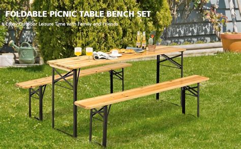 Amazon.com: Giantex 70'' 3-Piece Portable Folding Picnic Beer Table with Seating Set Wooden Top ...