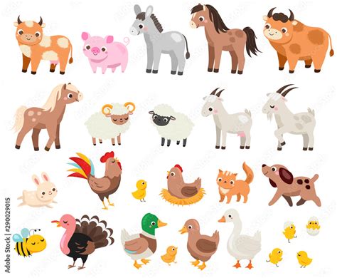 Cute farm. Big set of cartoon farm animals and pets for kids and children. Cow, horse, pig and ...