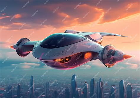 Premium AI Image | Atmospheric scene featuring a futuristic flying car soaring through the sky