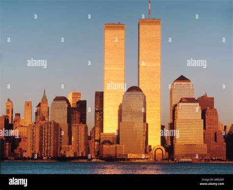 New York s Twin Towers pre 9/11 looking golden at sunset Stock Photo ...