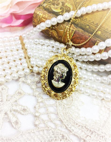 Fabulous Vintage Black & Gold Cameo Necklace, Black Cameo Pendant ...