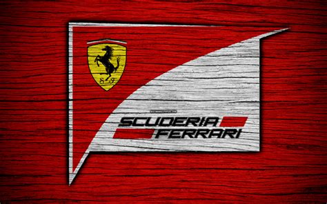 Scuderia Ferrari, 4k, logo, F1 teams, F1, Scuderia Ferrari flag, Formula 1, wooden texture ...