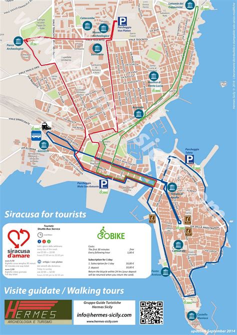 Touristic mini shuttle busses map in Syracuse, Sicily | Sicilia, Catacombe, Tours