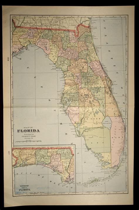 Florida Map of Florida Wall Art Decor Antique LARGE Early 1900s ...