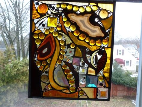 Hand Made Amber-Colored Stained Glass Abstract Art Panel by Glass ...