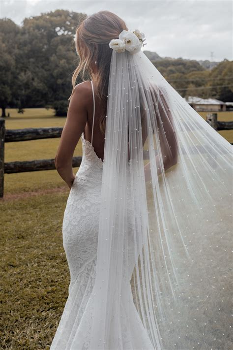 Pearly Long Veil | Bridal Veil with Pearls | Grace Loves Lace