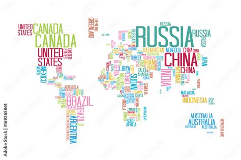 World Map with Countries name Text or Typography with Colorful color separate by country Stock ...