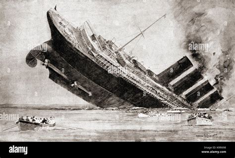 The sinking of the RMS Lusitania in 1915 in the English channel, she ...